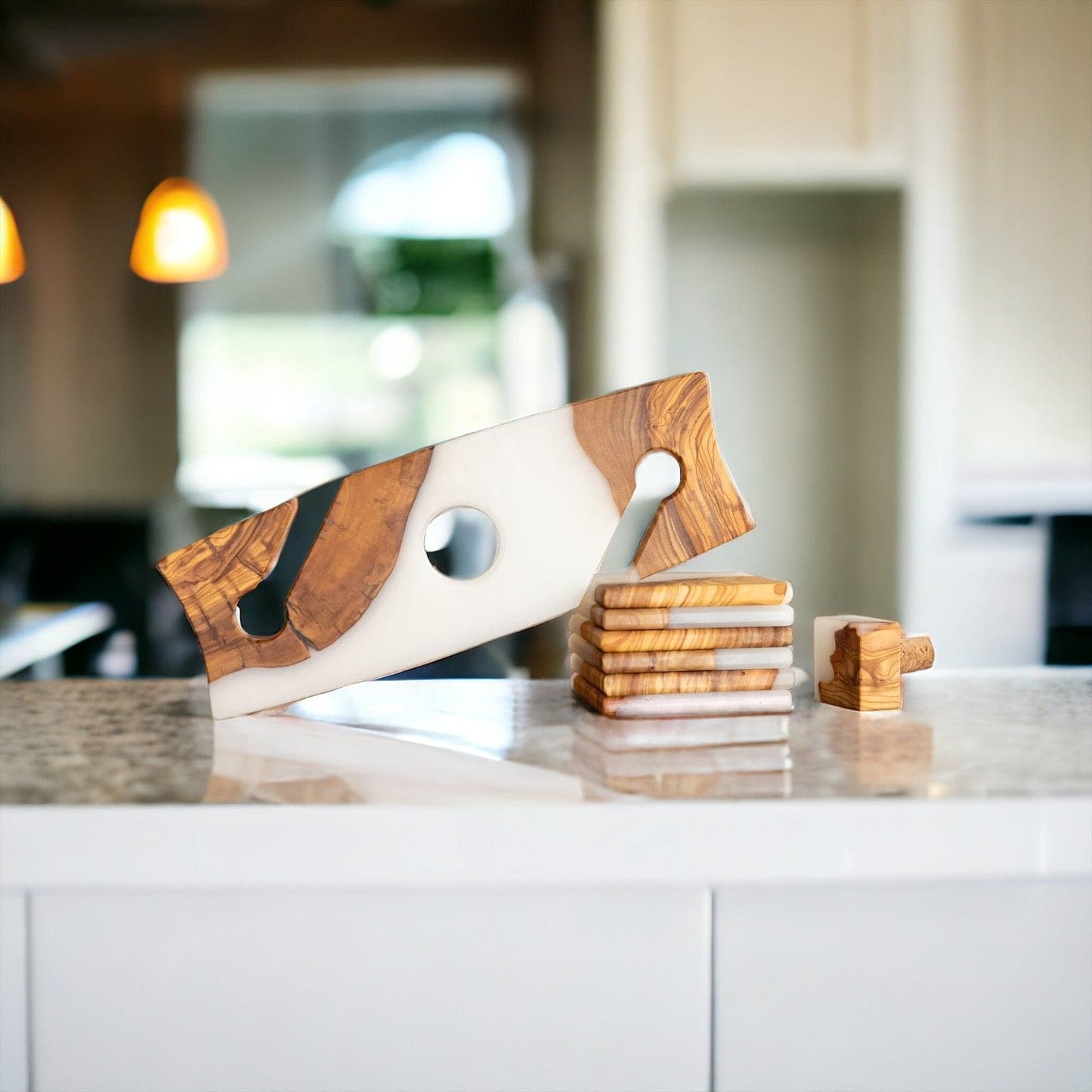 Olive Wood Epoxy Wine Caddy Set